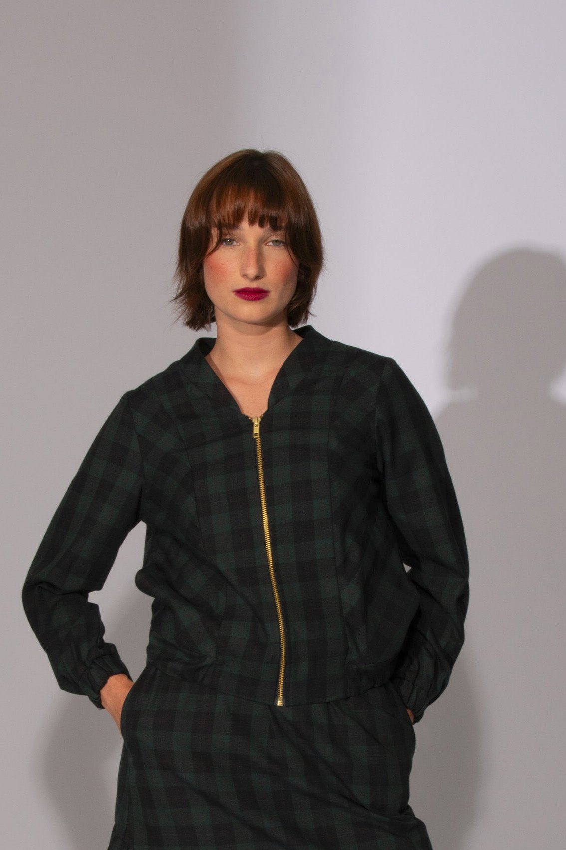 Blouson zip tartan carreaux noir foret Redrawn