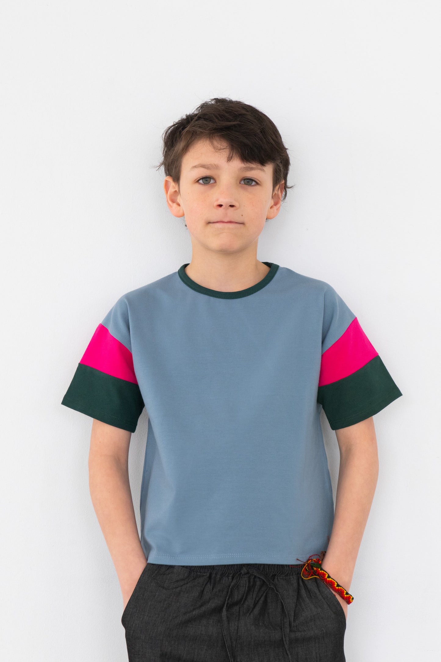Blue children's T-shirt with cut-out