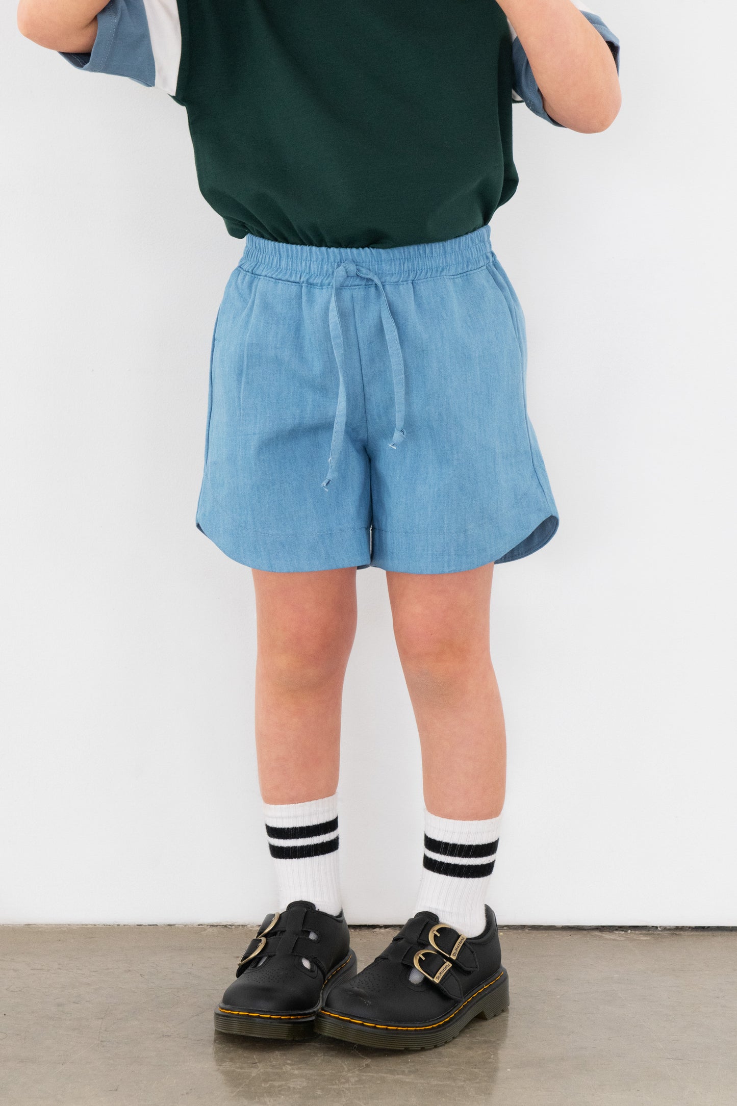 Blue denim grow with me shorts for kids