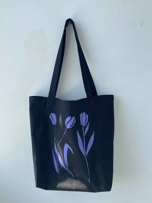 Sac cabas en denim noir imprimé Tulipes